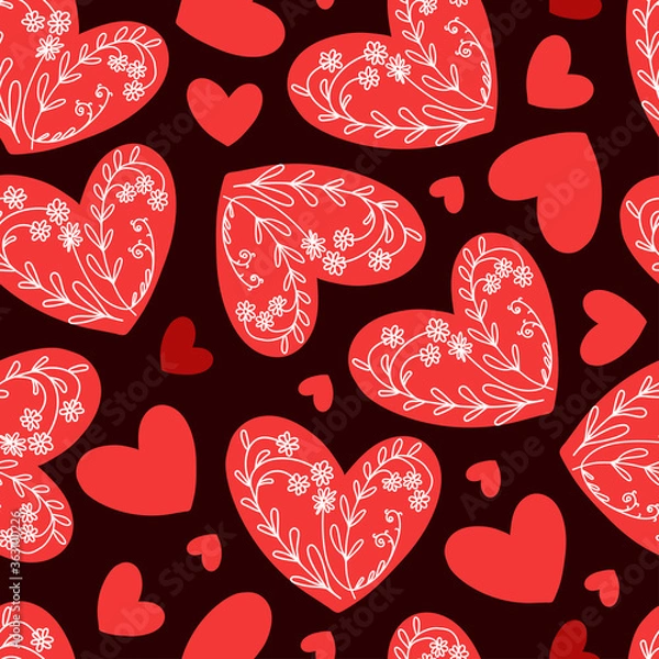 Fototapeta Vector seamless pattern with hand-drawn doodle little white flowers on a red heart background, for the design of wedding invitations, cards, fabric, scarfs. Floral love background dark