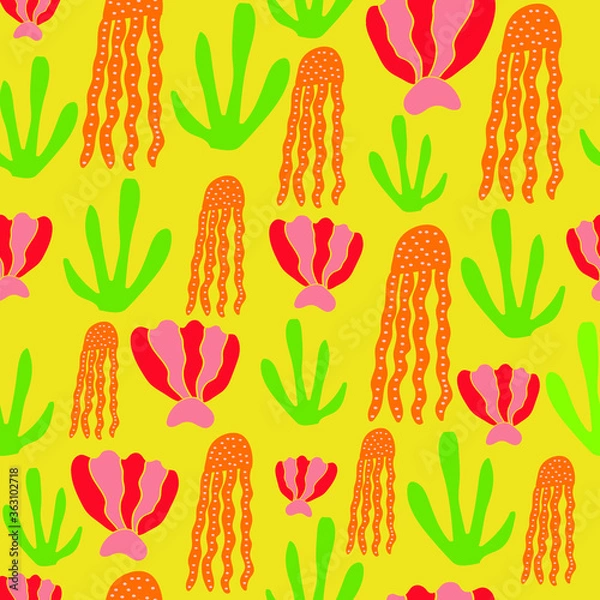 Obraz Vector shell and jellyfish seamless pattern design. Perfect for decorative projects and fabrics.