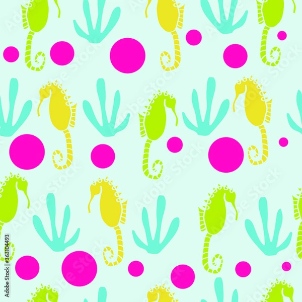 Fototapeta Vector seahorse and plant seamless pattern design. Perfect for decorative projects and fabrics.