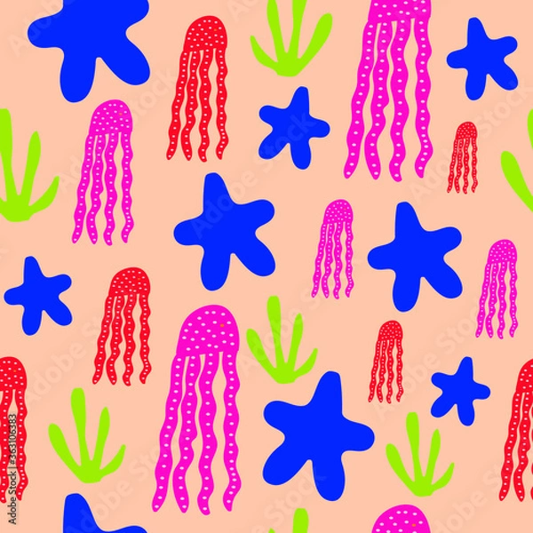 Fototapeta Vector jellyfish and  starfish seamless  pattern  design. Perfect for decorative  projects and  fabrics.