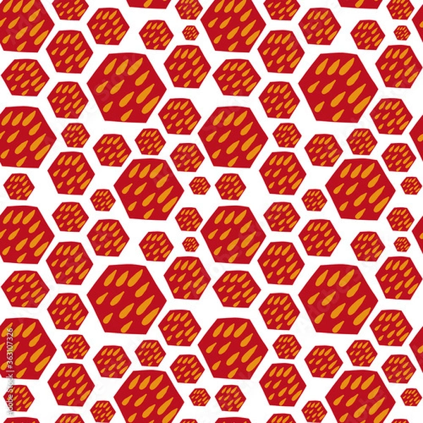 Obraz Seamless vector pattern. Hexagon pattern. Red and yellow colors. Yellow drops on red hexagons. Cartoon-like elements. Bright and positive pattern.