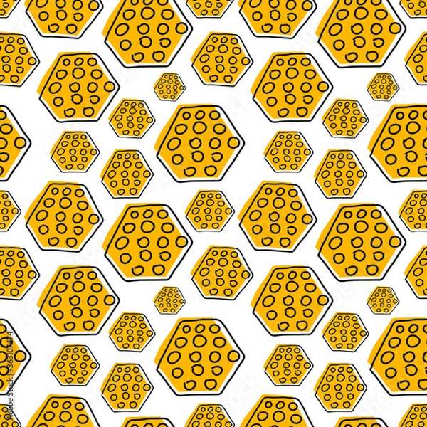 Obraz Seamless vector pattern. Hexagon hand drawn pattern. Cartoon-like elements. Bright and positive.