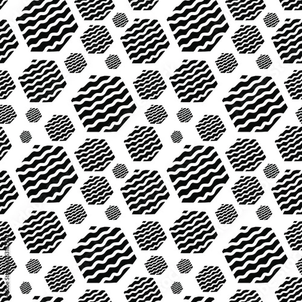 Obraz Seamless vector pattern. Hexagon pattern. Black elements. Decorative waves. Interesting and modern pattern.