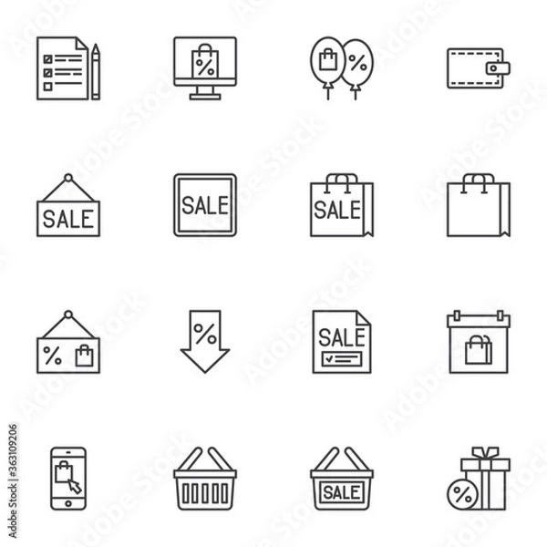 Fototapeta Sale and discount line icons set, black friday sale outline vector symbol collection, linear style pictogram pack. Signs, logo illustration. Set includes icons as discount label, percentage, ecommerce
