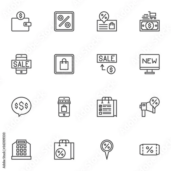 Fototapeta Discount sale line icons set, outline vector symbol collection, linear style pictogram pack. Signs, logo illustration. Set includes icons as cell phone sale, seller promotion, shopping bag, payment