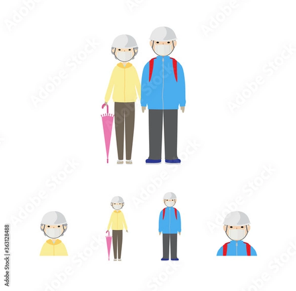 Fototapeta マスクを付けた避難時の服装（老夫婦）
