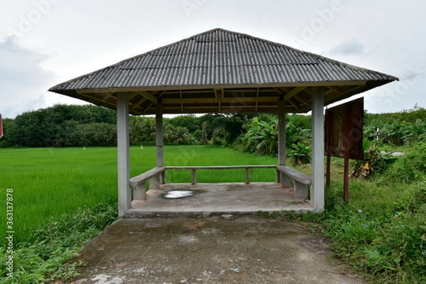 Fototapeta Old roadside pavilion with rice fields