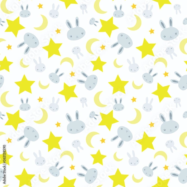 Fototapeta Baby boy nursery seamless pattern with blue bunnies, cute rabbits, stars and moon on white background. Perfect for fabric, textile, nursery decoration, baby shower. Surface pattern design.