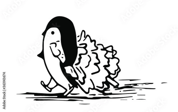 Fototapeta Black and white vector penguin with a Christmas tree is walking in a cartoon style. The cute character of a polar animal preparing for New Year and Christmas.