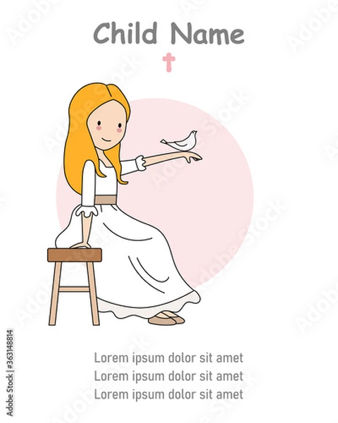 Obraz Invitation my first communion girl. Little girl with white dove. Isolated vector	