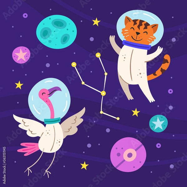 Fototapeta Space vector flat illustration, set of elements, stickers, icons. Tiger and flamingo in space suits, stars,planets, asteroid. Astronaut. Galaxy, science. Futuristic. Isolated on background.