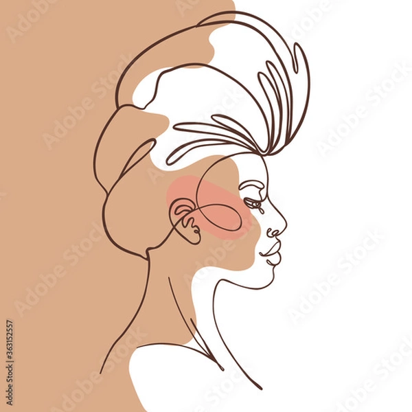 Fototapeta Abstract portrait of young African American woman. Continuous one line drawing isolated on white. Vector illustration in simple modern style.