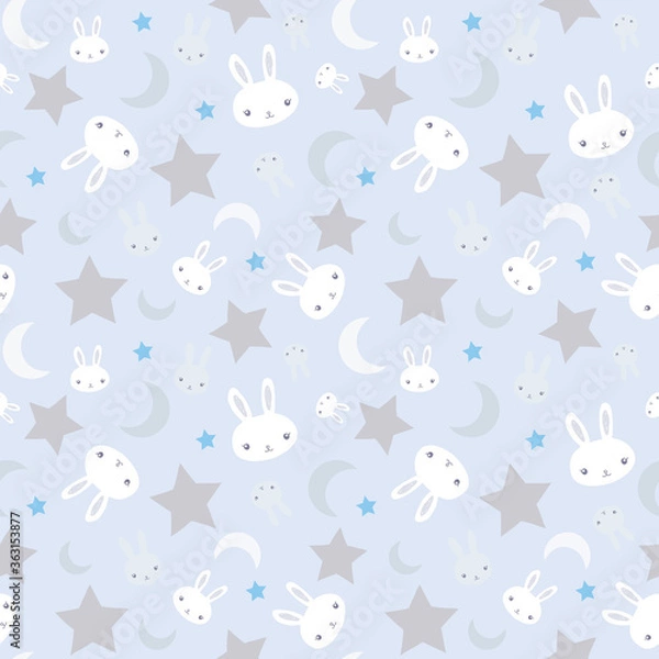 Obraz Baby boy nursery seamless pattern with white bunnies and cute rabbits and stars on light blue background.