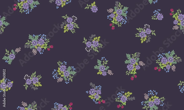 Fototapeta Seamless folk pattern in small wild flowers. Country style millefleurs. Floral meadow background for textile, wallpaper, pattern fills, covers, surface, print, gift wrap, scrapbooking, decoupage.