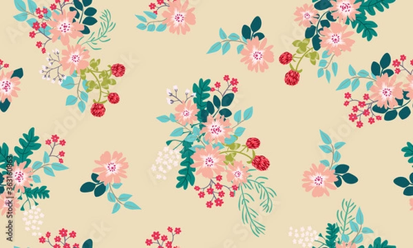 Fototapeta Seamless folk pattern in small wild flowers. Country style millefleurs. Floral meadow background for textile, wallpaper, pattern fills, covers, surface, print, gift wrap, scrapbooking, decoupage.