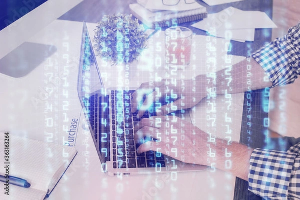 Fototapeta Multi exposure of tech drawings with man working on computer background. Concept of innovation.