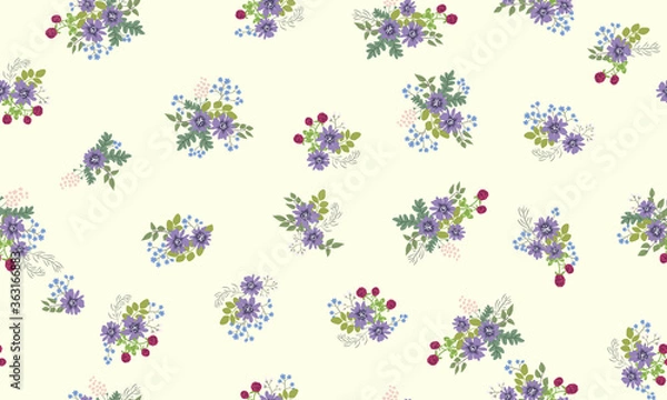 Fototapeta Seamless folk pattern in small wild flowers. Country style millefleurs. Floral meadow background for textile, wallpaper, pattern fills, covers, surface, print, gift wrap, scrapbooking, decoupage.