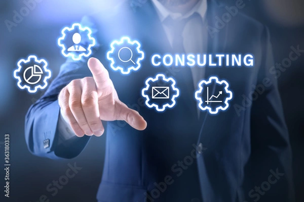 Fototapeta Consulting concept. Businessman pointing on dark background, closeup