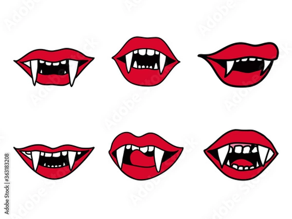 Fototapeta Set of vampire fangs for Halloween. Woman red lips vector illustration. Scary Dracula teeth stickers.