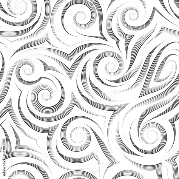 Obraz Seamless vector pattern of black lines drawn by smooth pen in the form of spirals and curls isolated on white background. Print for fabric or paper