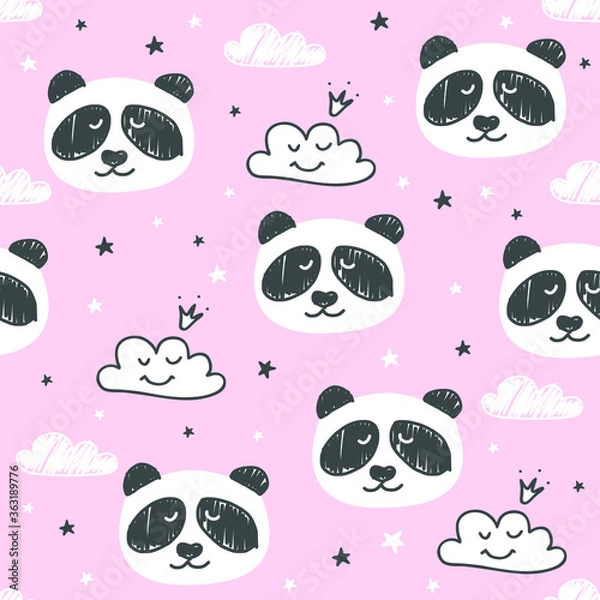 Obraz Seamless pattern with cute pandas, clouds, stars. 