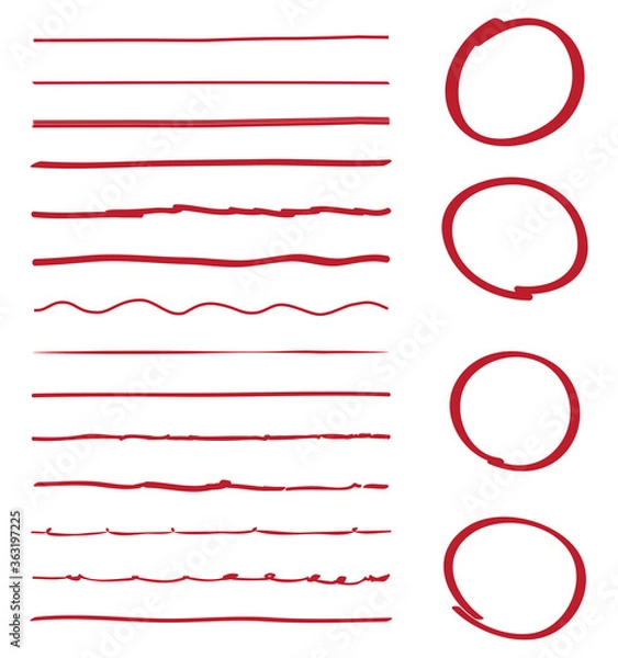 Fototapeta Lines and circles hand drawn vector set isolated on white background. Collection of red doodle lines and circles, hand drawn template. Creative art concept, vector illustration 