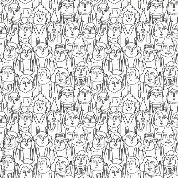 Obraz Hand drawn people seamless pattern. Vector illustration in black and white. 
