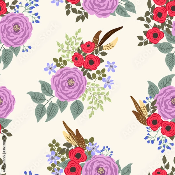 Fototapeta Boho seamless floral pattern with feathers, roses, daisy, marguerite, green and silver twigs. Folk style millefleurs. Plant background for textile, wallpaper, pattern fills, covers, surface, print