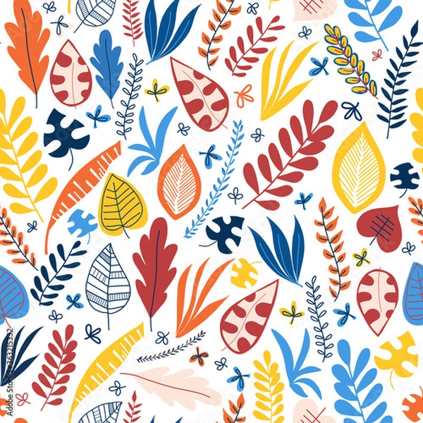 Fototapeta Seamless vector pattern abstract autumn leaves blue red yellow orange. Repeating background. Hand drawn leaf nature pattern. Repeating foliage backdrop. Use for fabric, wallpaper, wrapping, home decor