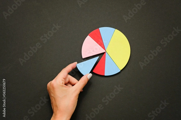 Fototapeta Colorful fraction circles arranged into a circle graph and hand, black background.