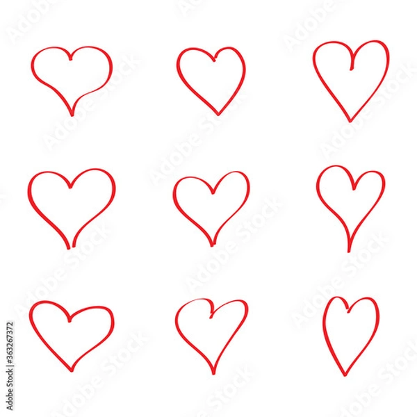 Fototapeta Red heart contour vector. Hand drawn love icon isolated. Paint brush stroke heart icon. Hand drawn vector for love logo, heart symbol, doodle icon and Valentine's day. Painted grunge vector shape