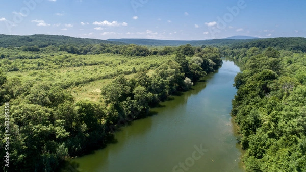 Fototapeta Aerial view of river and beautiful forest. Veleka River in Bulgaria