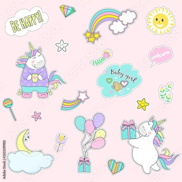Fototapeta Set of cute unicorn icons, rainbow and stars, child vector illustration, cartoon design