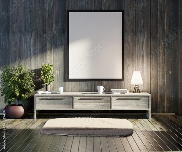 Fototapeta A template of an empty poster on a wooden wall in the interior of a country house. Empty frame for photos and lettering. Wooden console and rug on the floor. 3D rendering.