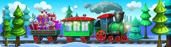 Obraz Christmas train carries gifts in the winter forest. Vector illustration.