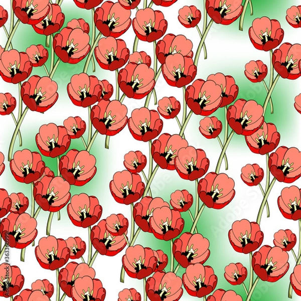 Fototapeta Seamless floral pattern of randomly arranged blooming red tulip flowers, on a white background with blurry green spots.