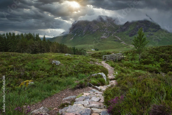 Obraz devils stair case stone path on the west highland way, looking down into the valley of Glencoe, highlands, scotland.