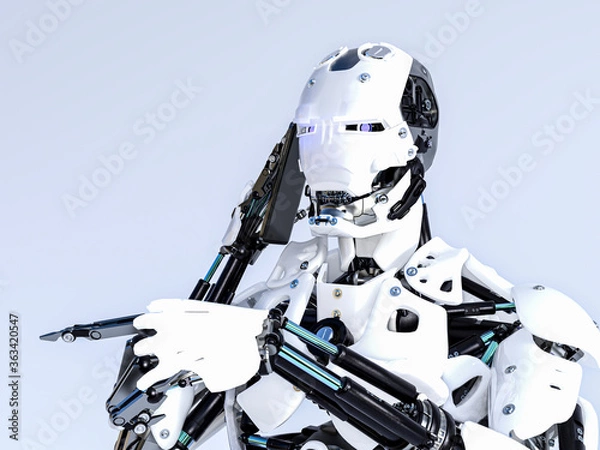 Fototapeta Robot calls his homeowner via smartphone. 3d Illustration.