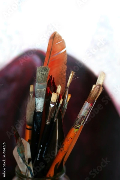 Fototapeta Artist's Tools, Paint brushes, palette knife and feather