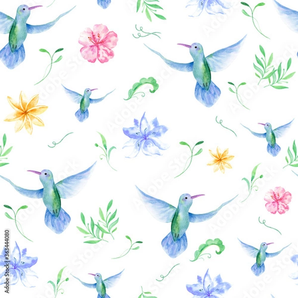 Fototapeta Floral seamless tropical pattern, summer background with exotic flowers, palm leaves, jungle leaf, orchid flower and hummingbird. Vintage botanical wallpaper, illustration in Hawaiian style.