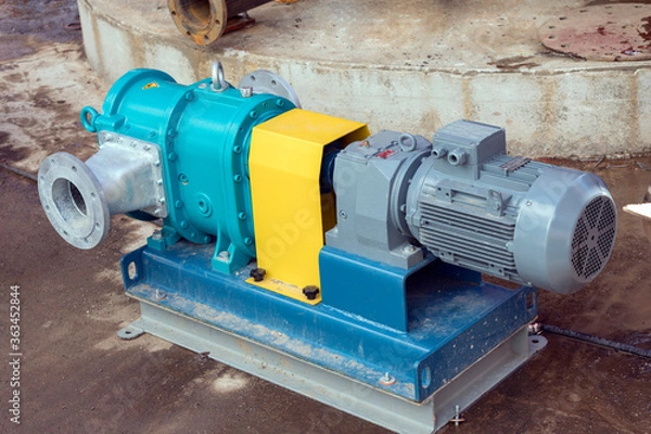 Fototapeta View of the horizontally mounted lobe pump for storage tank. A pump is a device that moves fluids or sometimes slurries, by mechanical action.