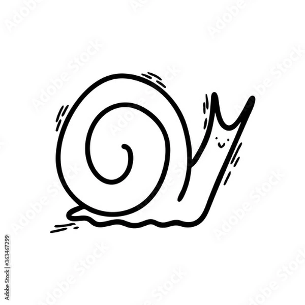 Fototapeta A Doodle-style snail with a funny face. Sketch is a black outline. Icon of the cochlea. Print for a t-shirt or your design. Vector illustration.