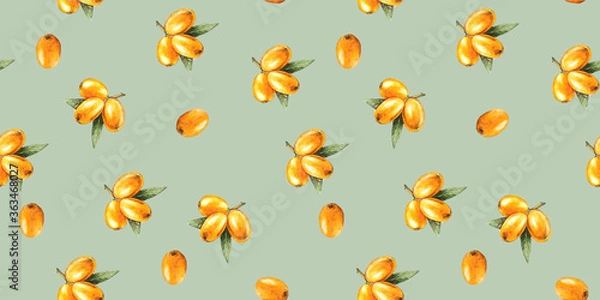 Fototapeta Hand drawn watercolor seamless sea buckthorn pattern.