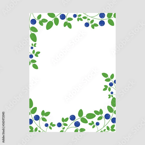 Fototapeta Vector frame decorated with blueberry branches with green leaves.