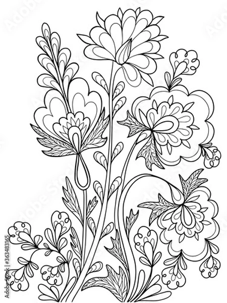Obraz flowers greens graphics contour illustration coloring book vector isolate on white background nature fantasy antistress for kids and adults