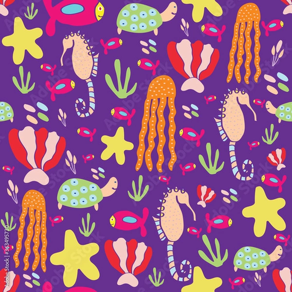 Fototapeta Vector sea animals seamless pattern design. Perfect for decorative projects and fabrics.
