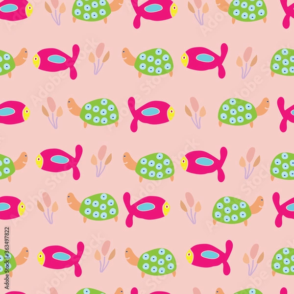 Fototapeta Vector turtle and plant seamless pattern design. Perfect for decorative projects and fabrics.