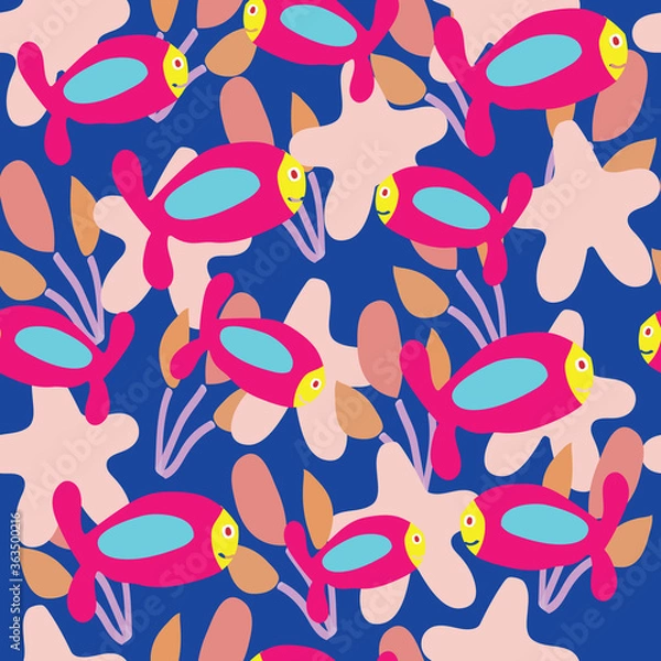 Fototapeta Vector fish and starfish seamless pattern design. Perfect for decorative projects and fabrics.