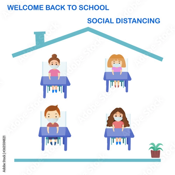 Fototapeta Back to school new normal for student sit on table with plastic shield  and wearing mask for safe from coronavirus. Vector illustration.