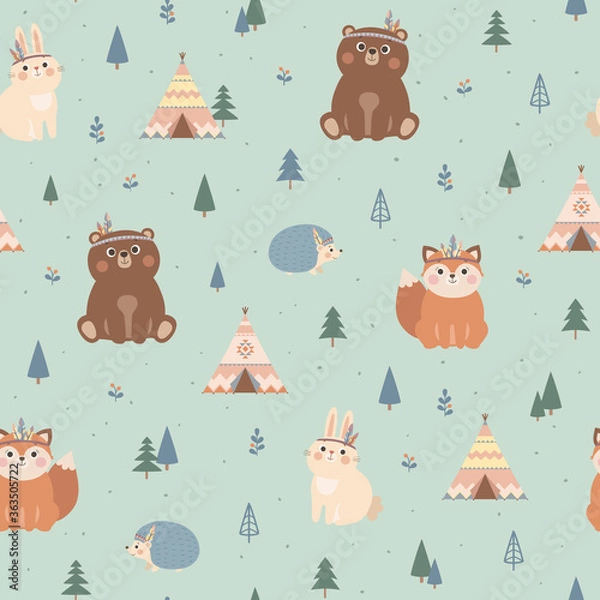 Fototapeta Vector seamless pattern with cute woodland tribal animals, fox, bear, rabbit, hedgehog, trees and wigwam. Scandinavian style illustration